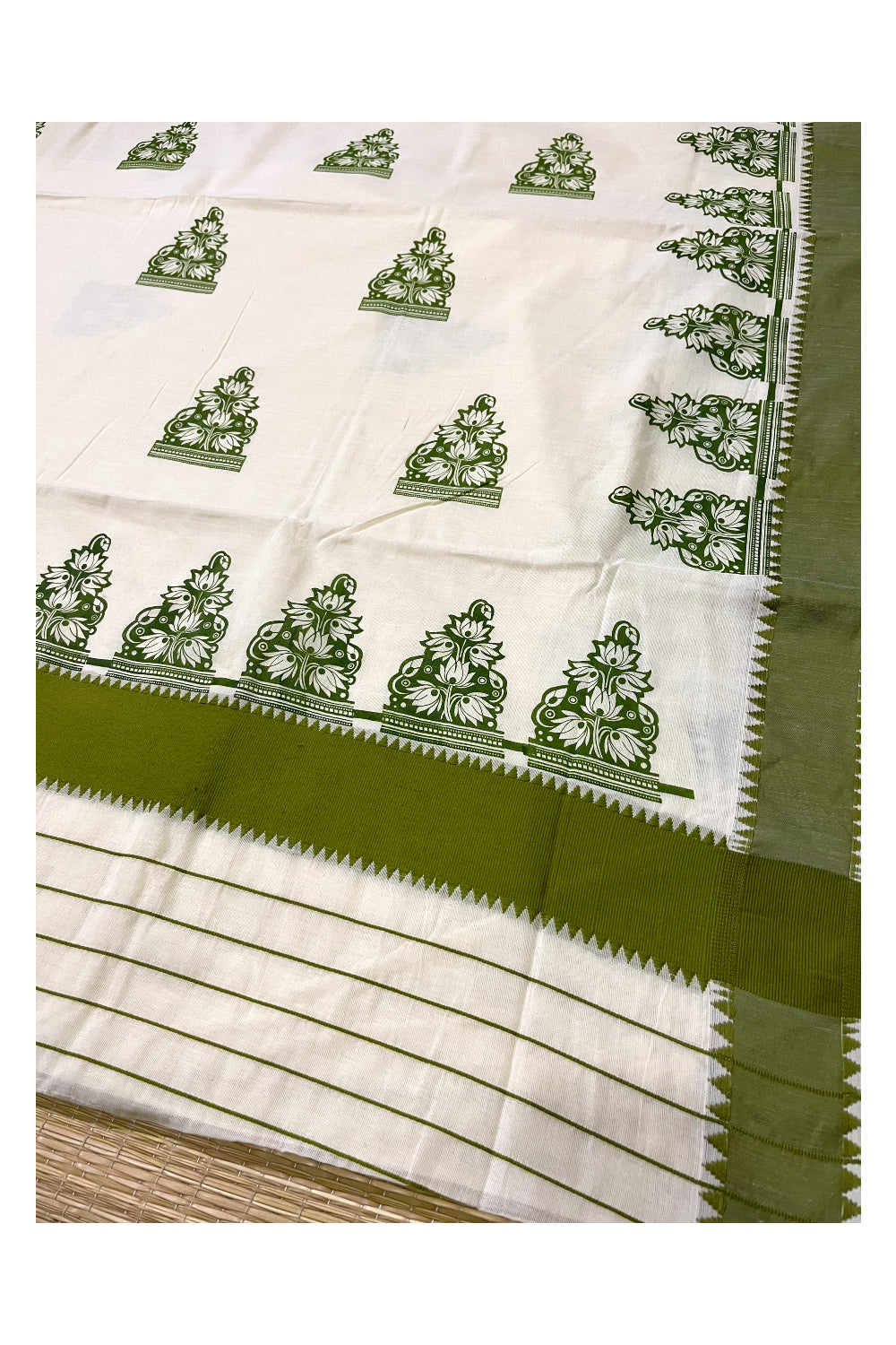 Pure Cotton Kerala Saree with Green Floral Block Printed Border