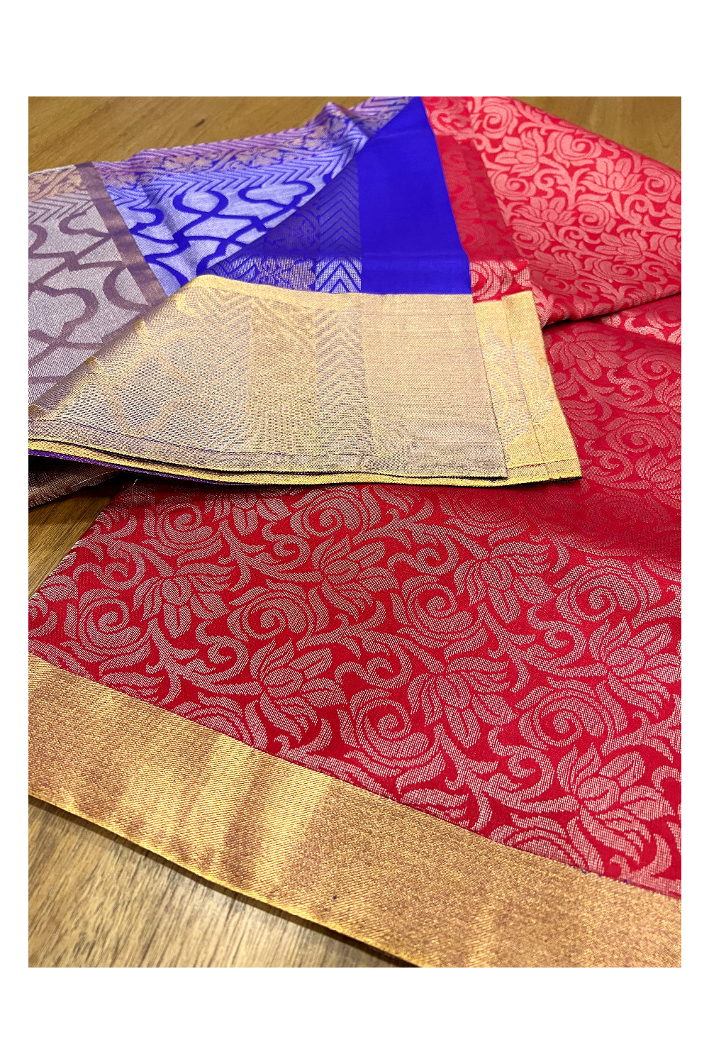 Southloom Handloom Pure Silk Kanchipuram Saree with Floral Work on Red Body and Violet Blouse Piece