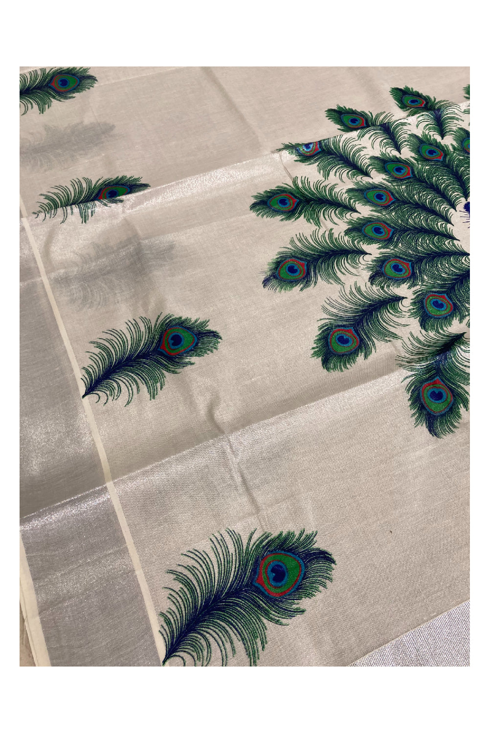 Kerala Silver Tissue Kasavu Onam Saree with Mural Printed Krishna and Peacock Feather Design