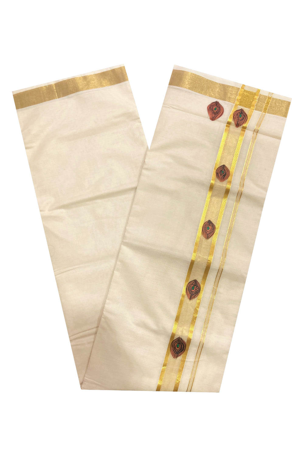 Off White Pure Cotton Double Mundu with Mural Prints on Kasavu Kara (South Indian Dhoti)