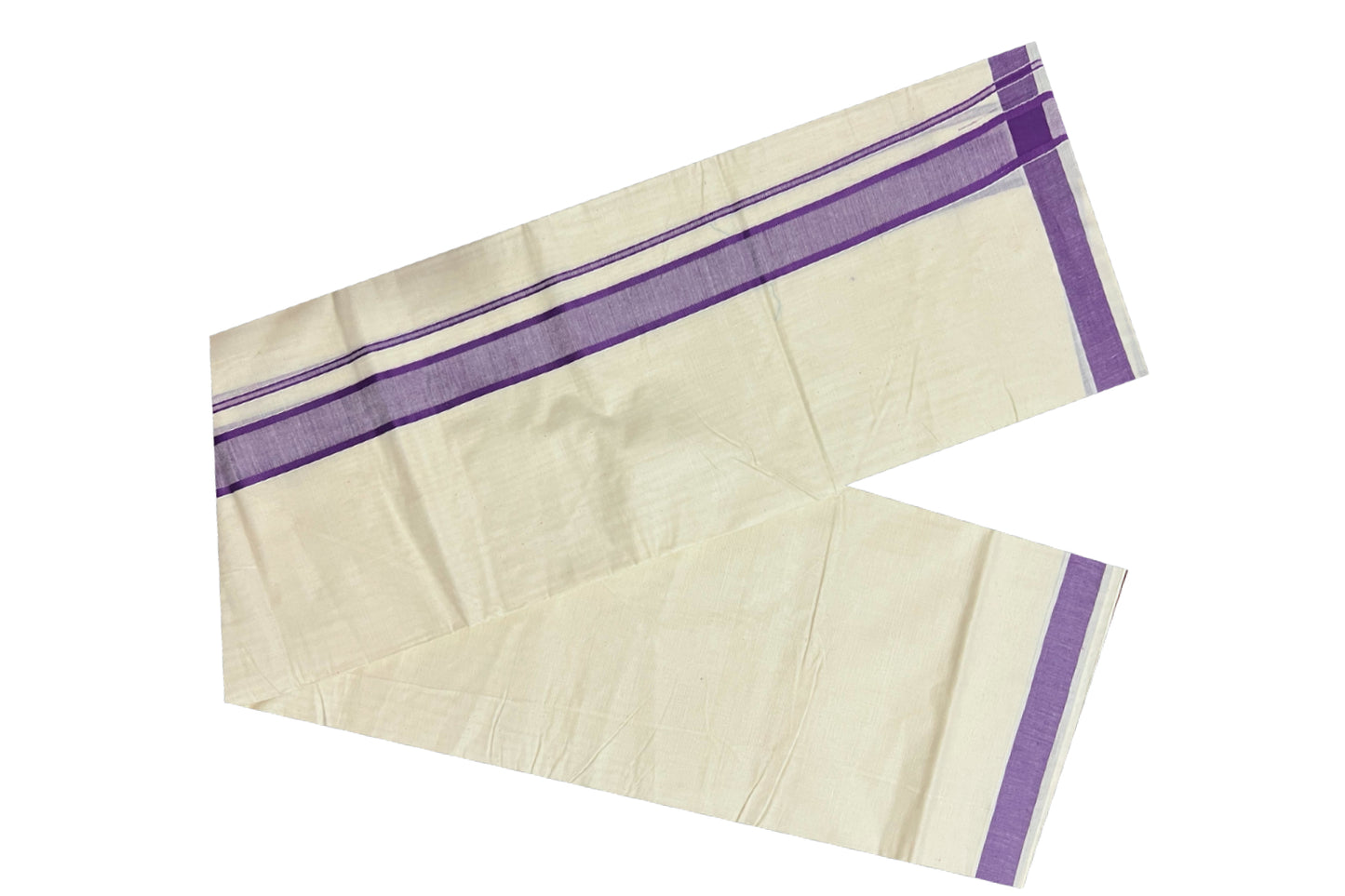 Off White Pure Cotton Double Mundu with Violet Border (South Indian Dhoti)