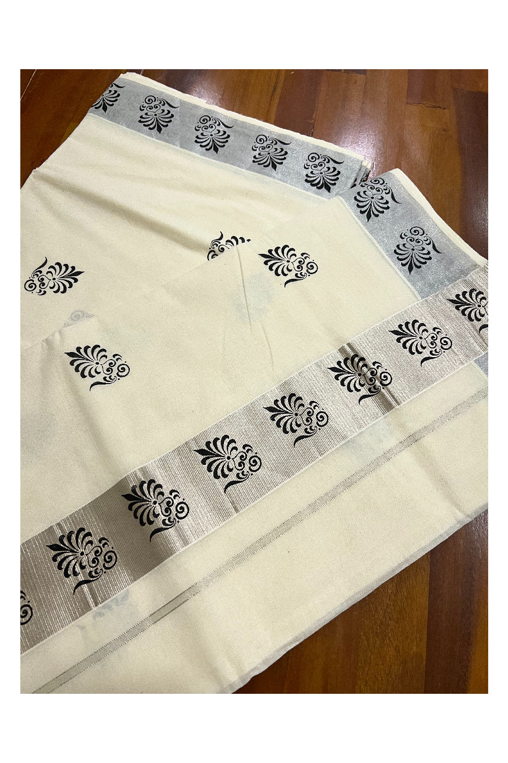 Pure Cotton Kerala Saree with Black Floral Block Prints on Silver Border and Pallu