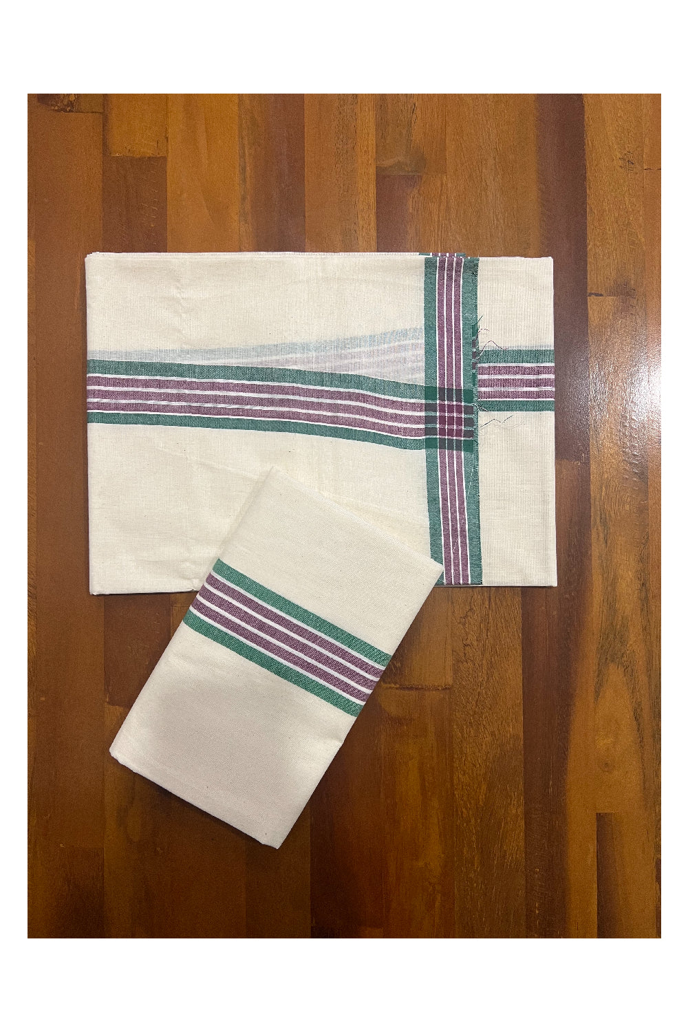 Kerala Cotton Mundum Neriyathum Single (Set Mundu) with Green and Purple Mulloth Border (Extra Soft Cotton)