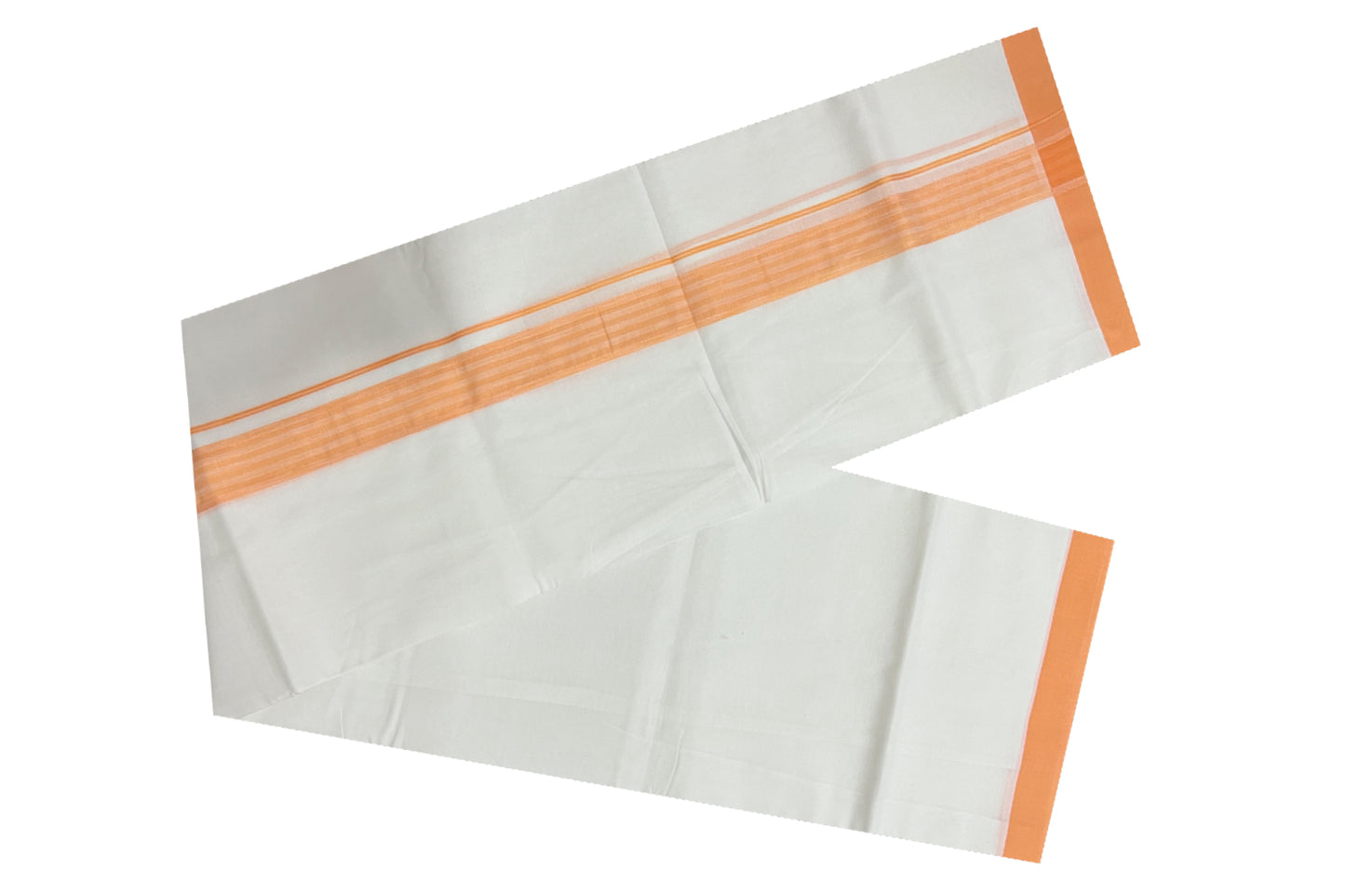 Pure White Kerala Cotton Double Mundu with Orange Border (South Indian Dhoti)