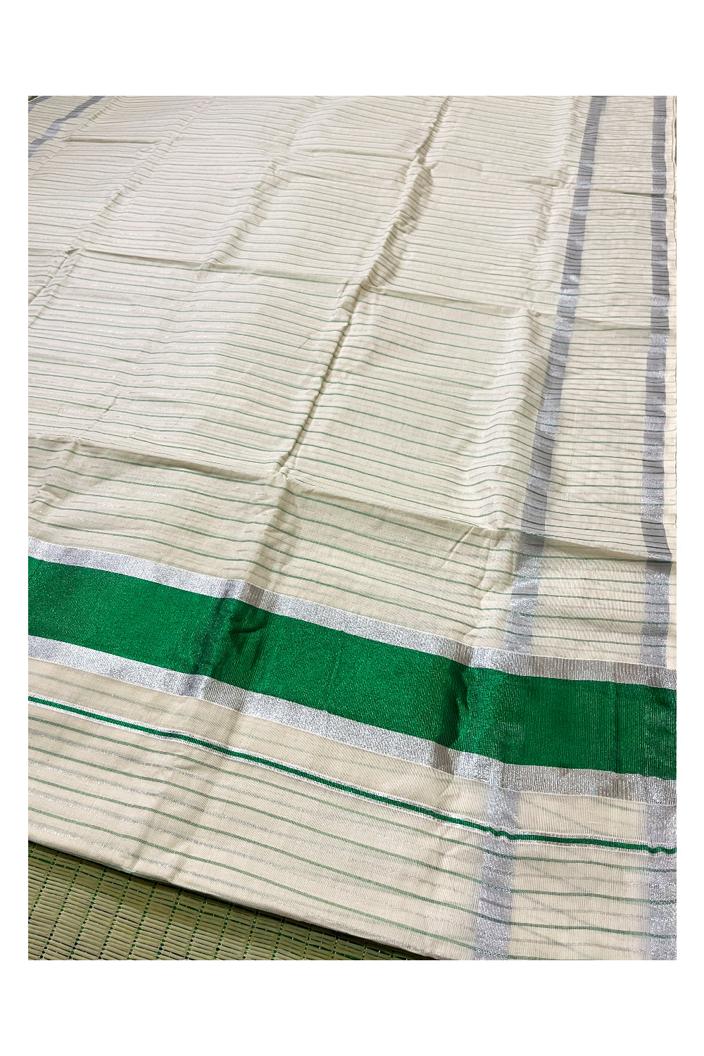 Pure Cotton Kerala Silver Kasavu Lines Saree Green Kasavu Pallu