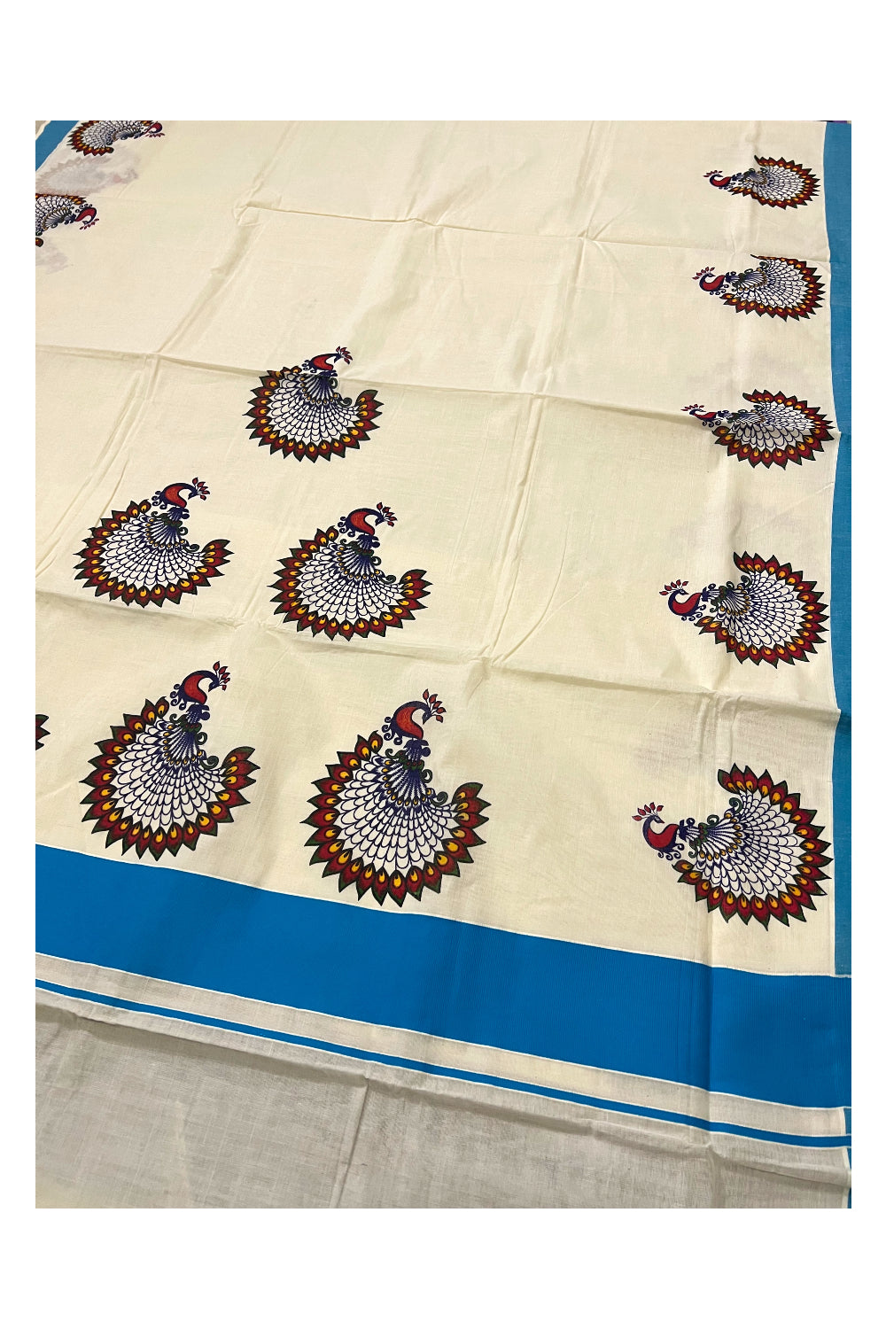 Kerala Pure Cotton Light Blue Border Saree with Peacock Mural Printed Design