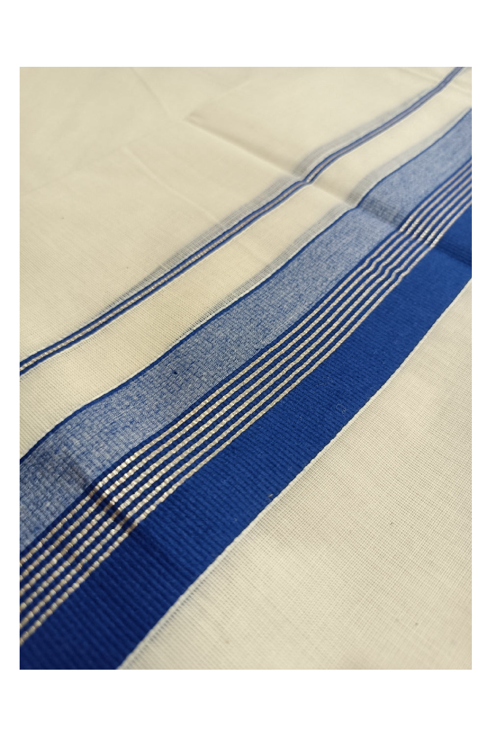 Off White Kerala Double Mundu with Silver Kasavu and Blue Kara (South Indian Dhoti)