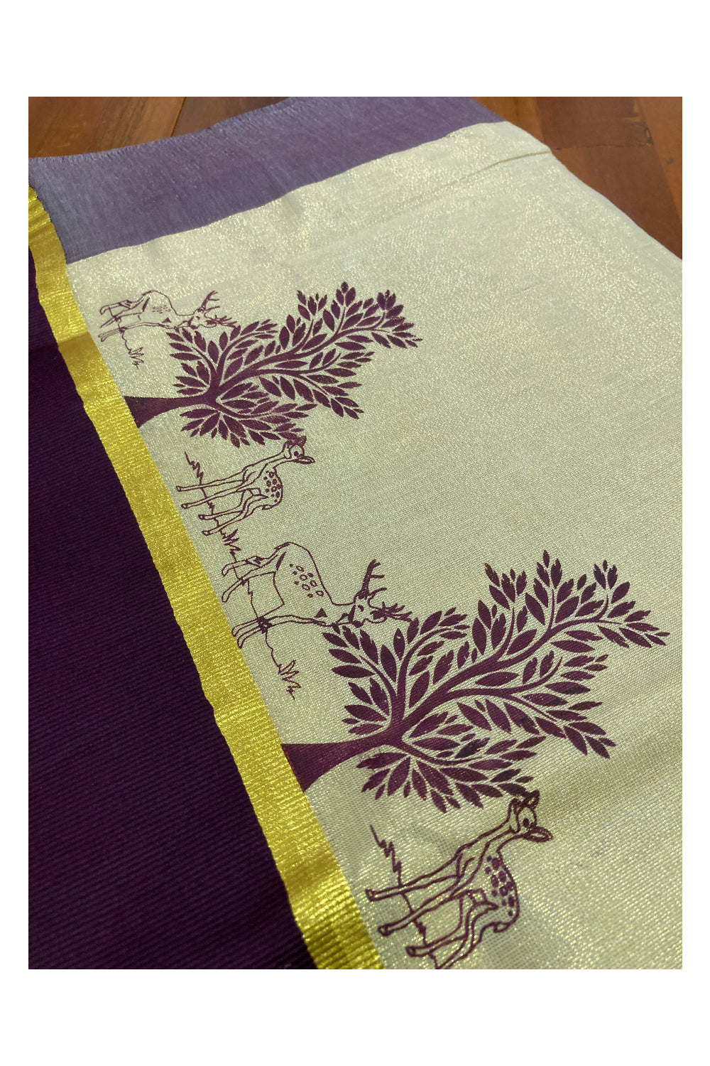 Kerala Tissue Kasavu Saree with Brown Block Prints