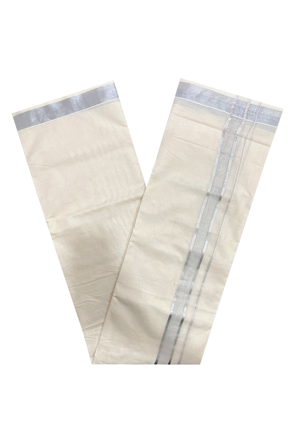 Pure Cotton Double Mundu with Silver Kasavu Kara (South Indian Kerala Dhoti)