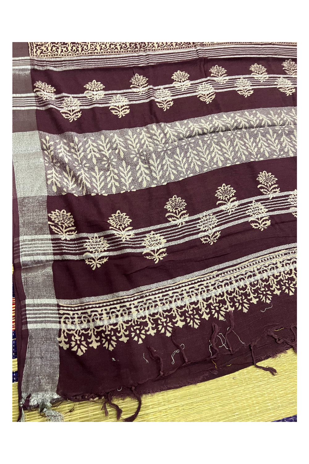 Southloom Linen Purple Brown Designer Saree with White Prints and Tassels on Pallu