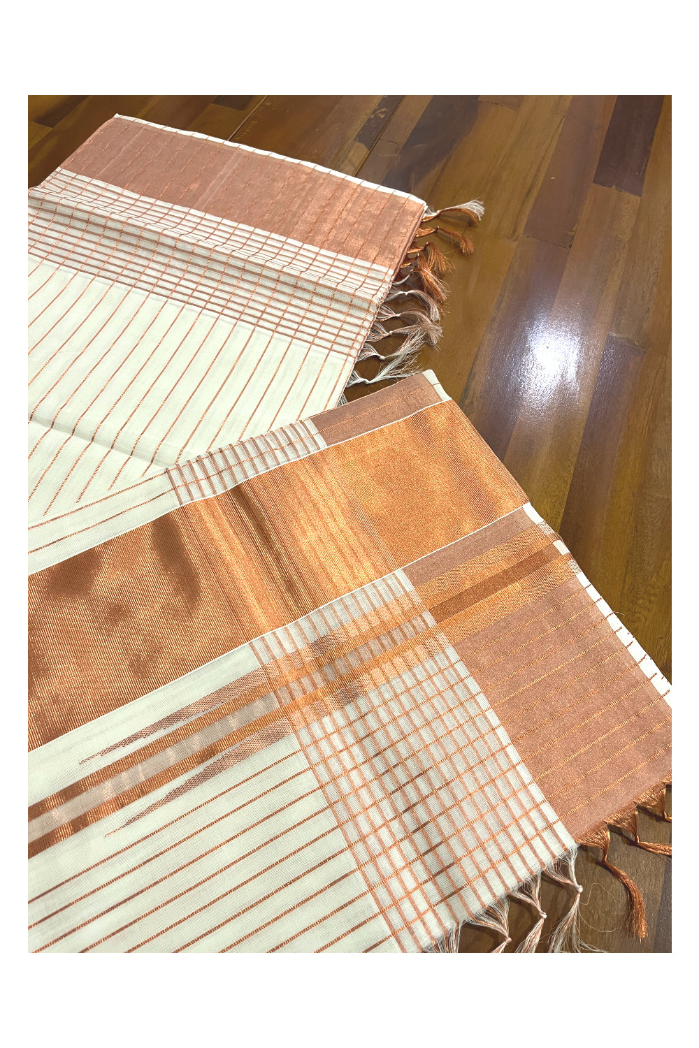 Southloom™ Handloom Kerala Premium Saree with Copper Kasavu Lines on Body