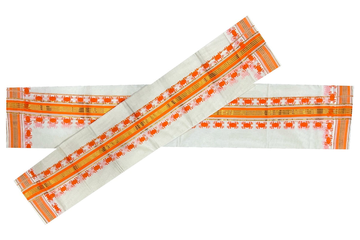 Kerala Cotton Kasavu Set Mundu (Mundum Neriyathum) with Orange Block Prints on Border