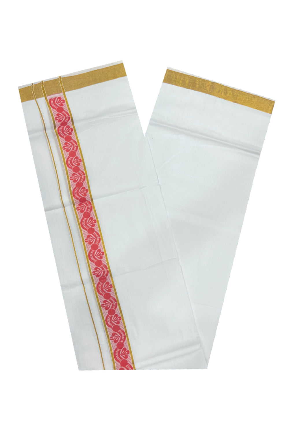 Pure White Cotton Double Mundu with Kasavu and Orangish Red Woven Design Border (South Indian Dhoti)