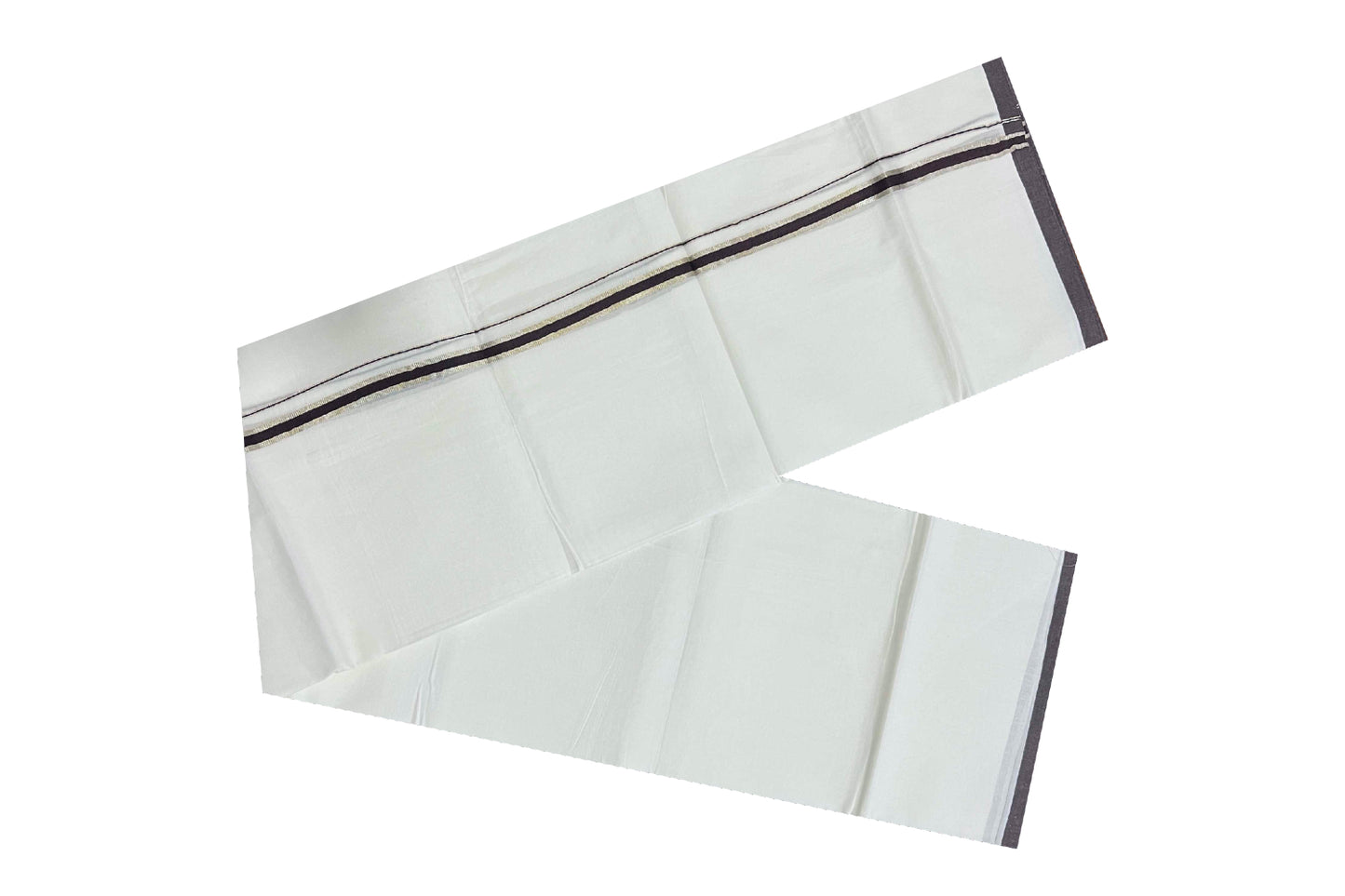 Pure White Cotton Mundu with Brown and Silver Kasavu Kara (South Indian Dhoti)