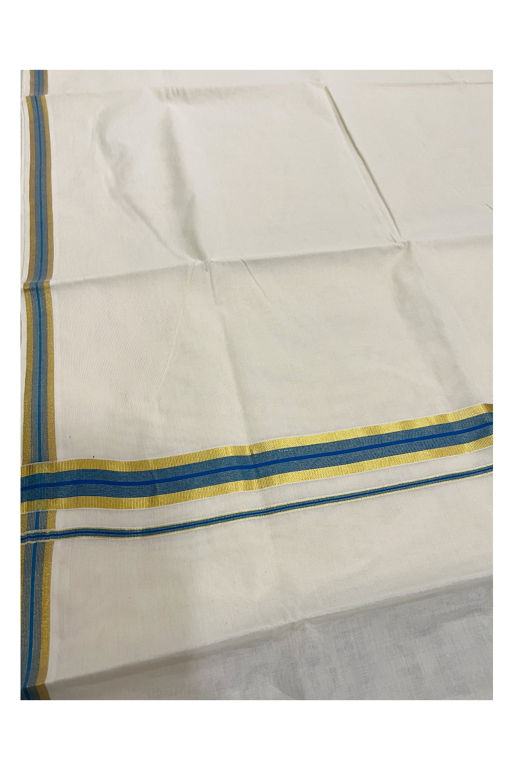 Kerala Pure Cotton Plain Saree with Kasavu and Light Blue Border