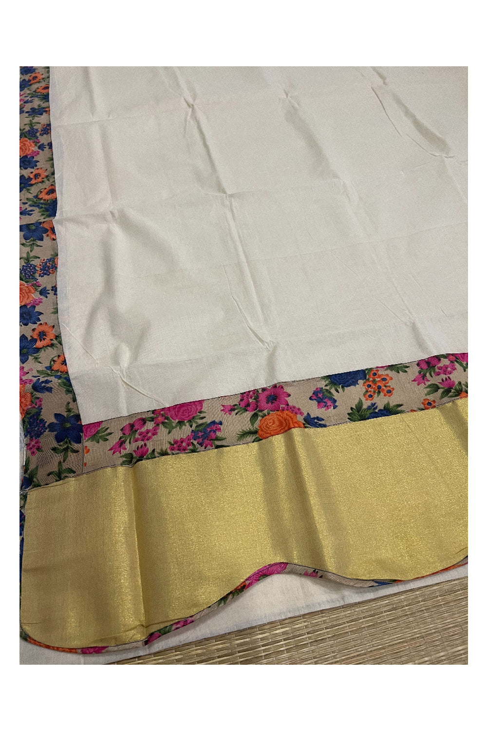 Kerala Pure Cotton Kalamkari Printed Kasavu Saree with Printed Blouse Piece