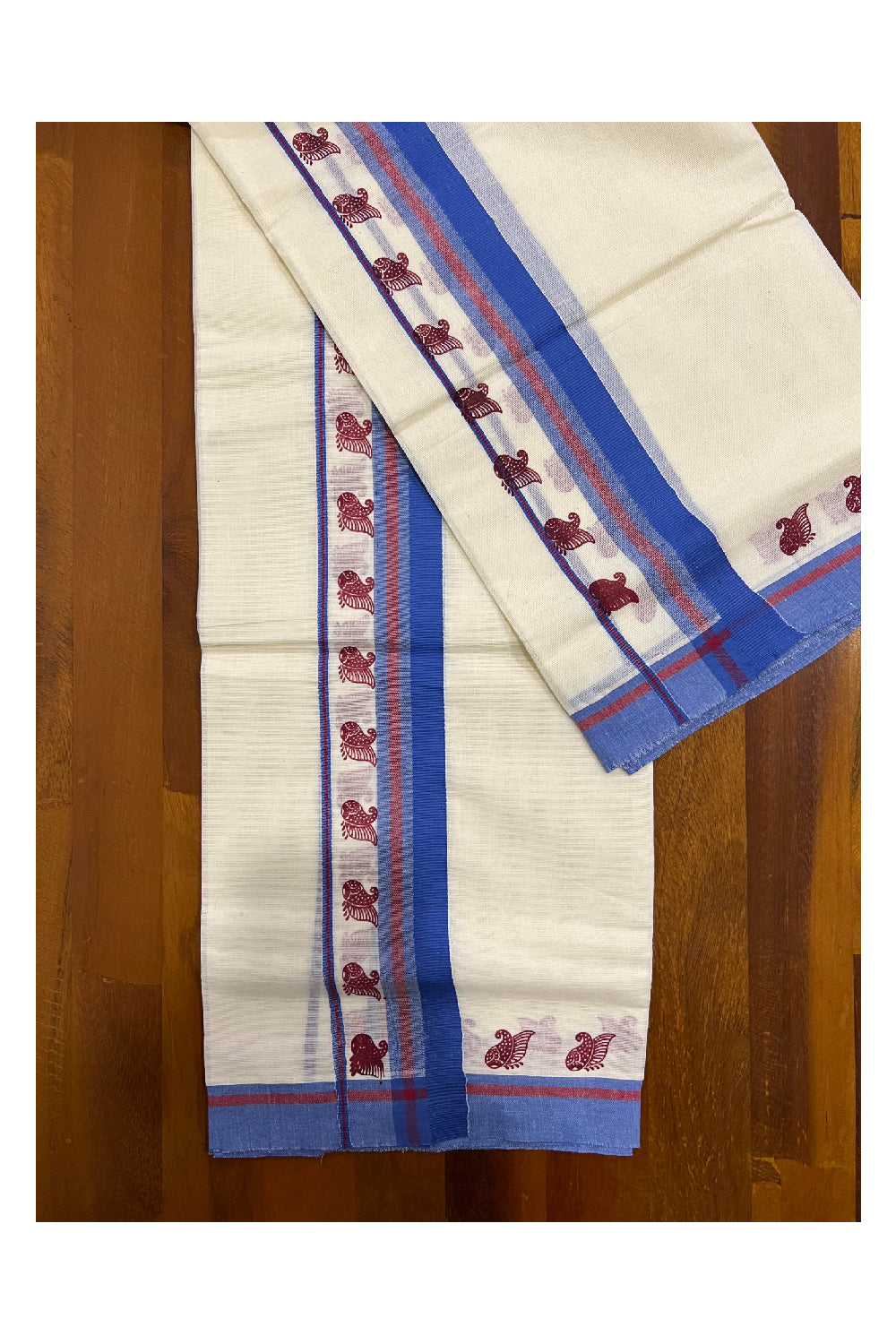 Kerala Cotton Single Mundum Neriyathum (Set Mundu) with Block Prints on Blue Border