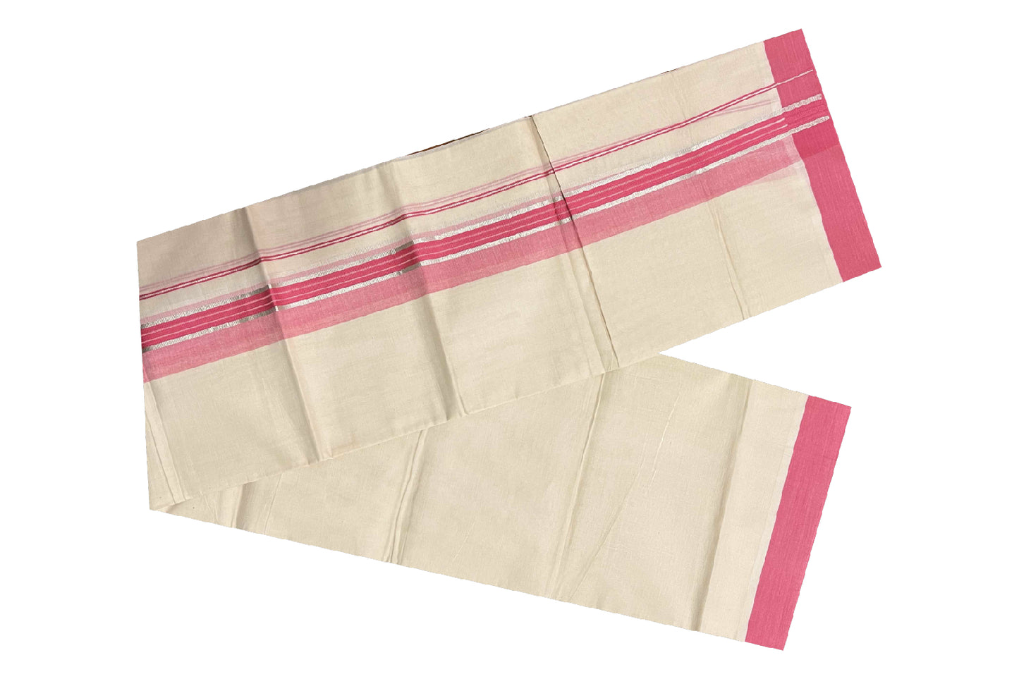 Off White Kerala Double Mundu with Silver Kasavu and Pink Border (South Indian Dhoti)