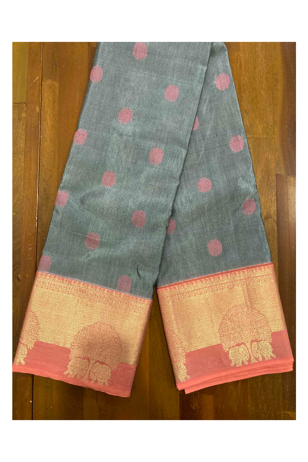 Southloom Handloom Pure Silk Kanchipuram Saree in Grey Polka Motifs