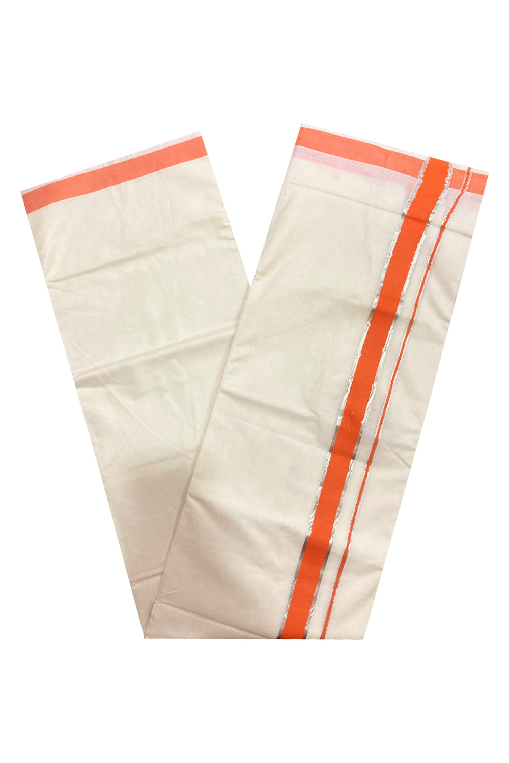 Pure Cotton Double Mundu with Orange and Silver Kasavu Border (South Indian Kerala Dhoti)