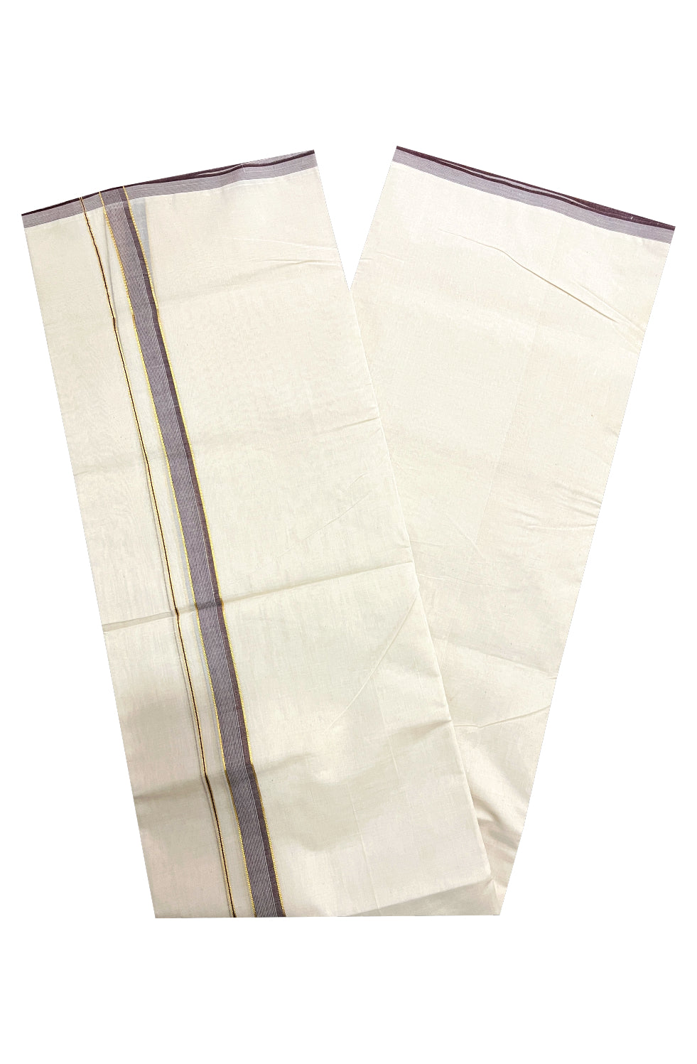 Pure Cotton Off White 100x100 Double Mundu with Kasavu and Brown Border (South Indian Dhoti)