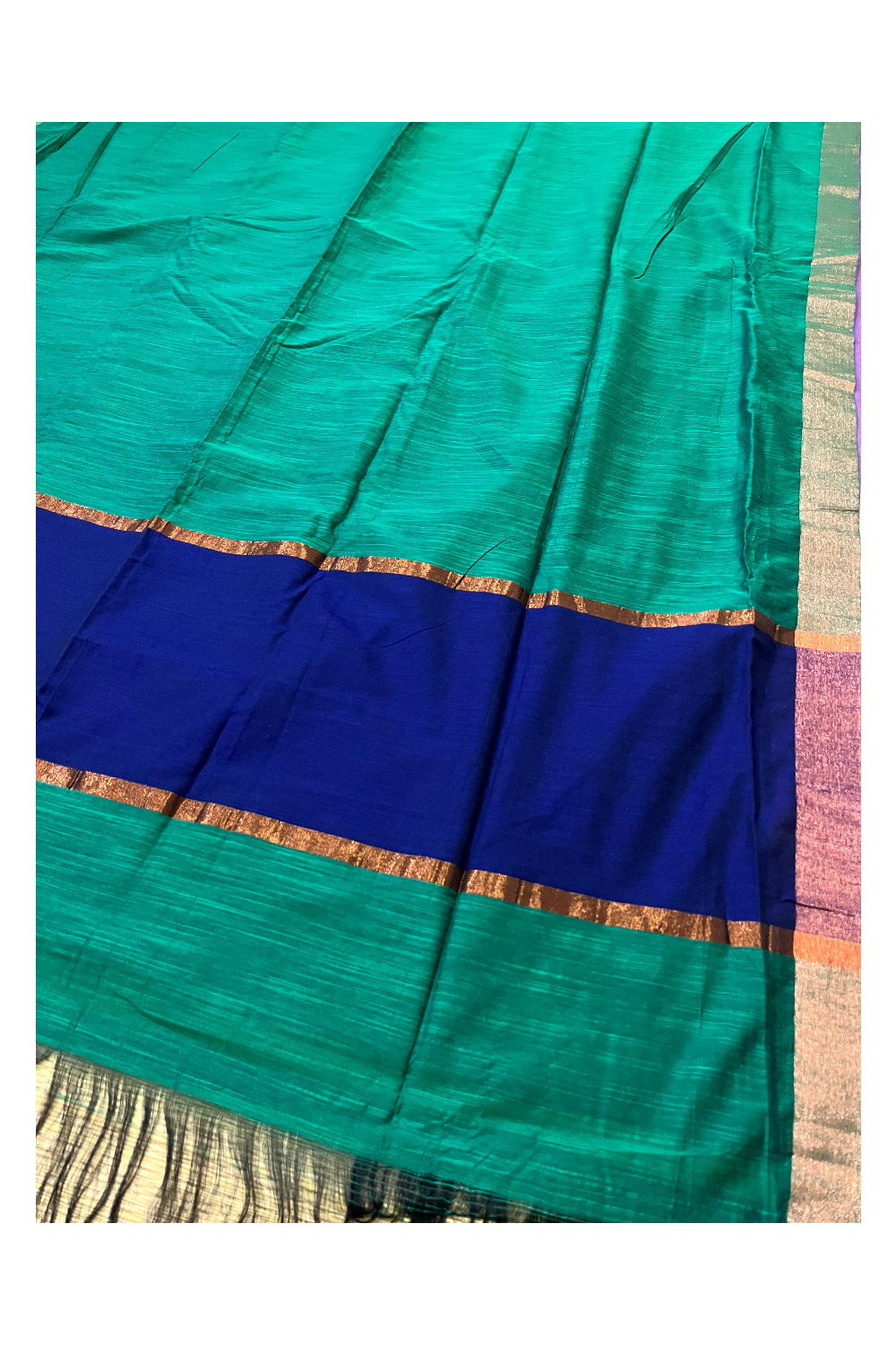 Southloom Cotton Green Saree with Kasavu Border and Blue Running Blouse Piece