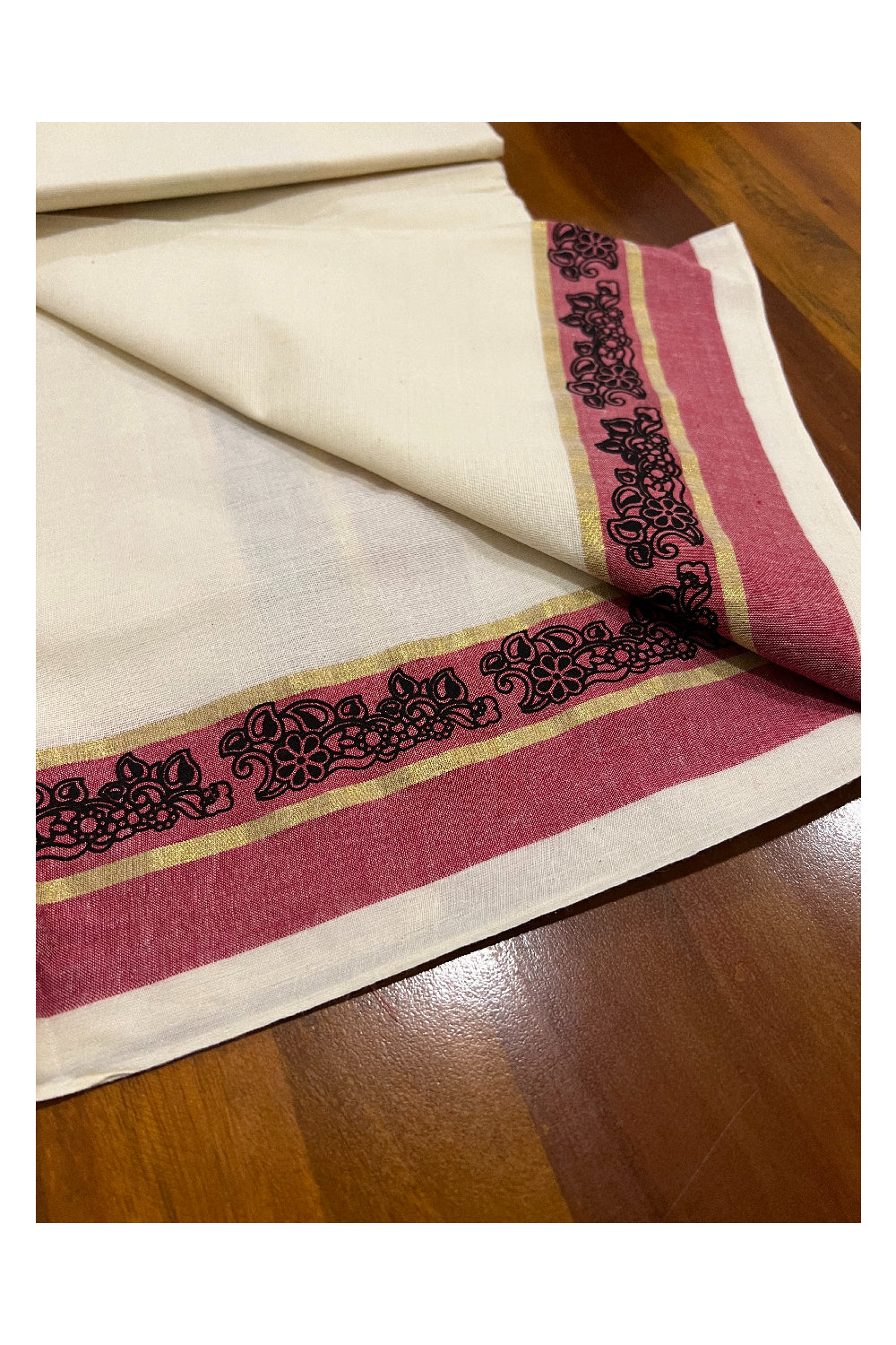 Southloom Onam 2022 Kasavu and Maroon Kara Set Mundu with Hand Block Print