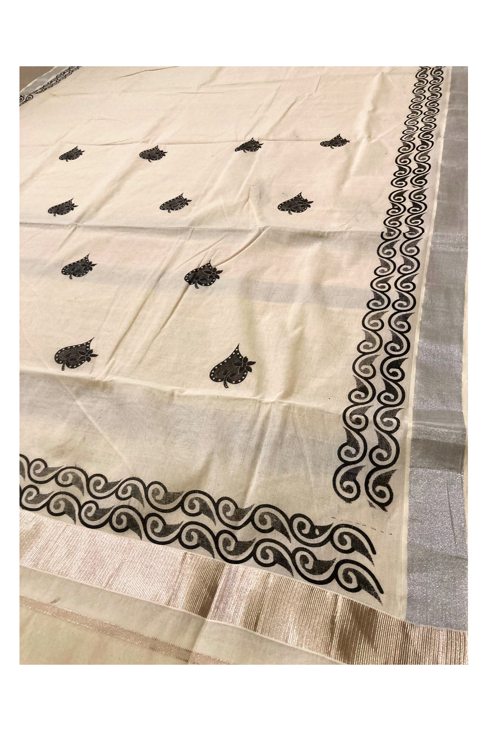 Pure Cotton Kerala Saree with Black Block Prints and Silver Kasavu Border