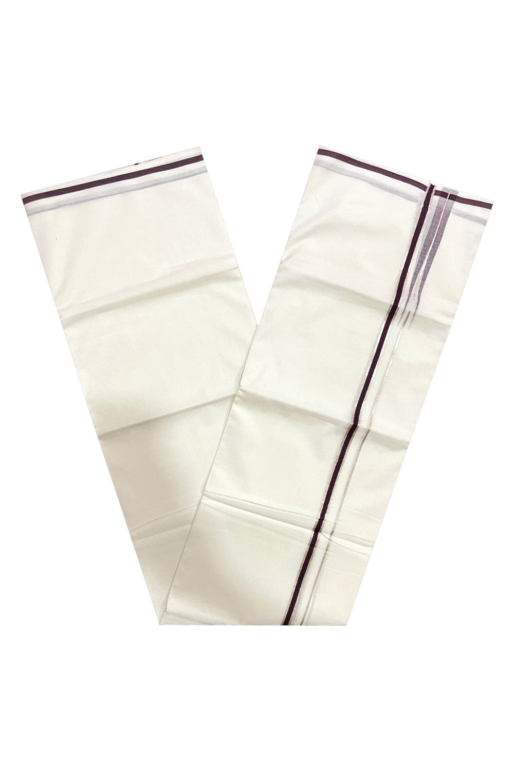 Pure White Cotton Double Mundu with Silver Kasavu and Dark Brown Chutti Border (South Indian Dhoti)