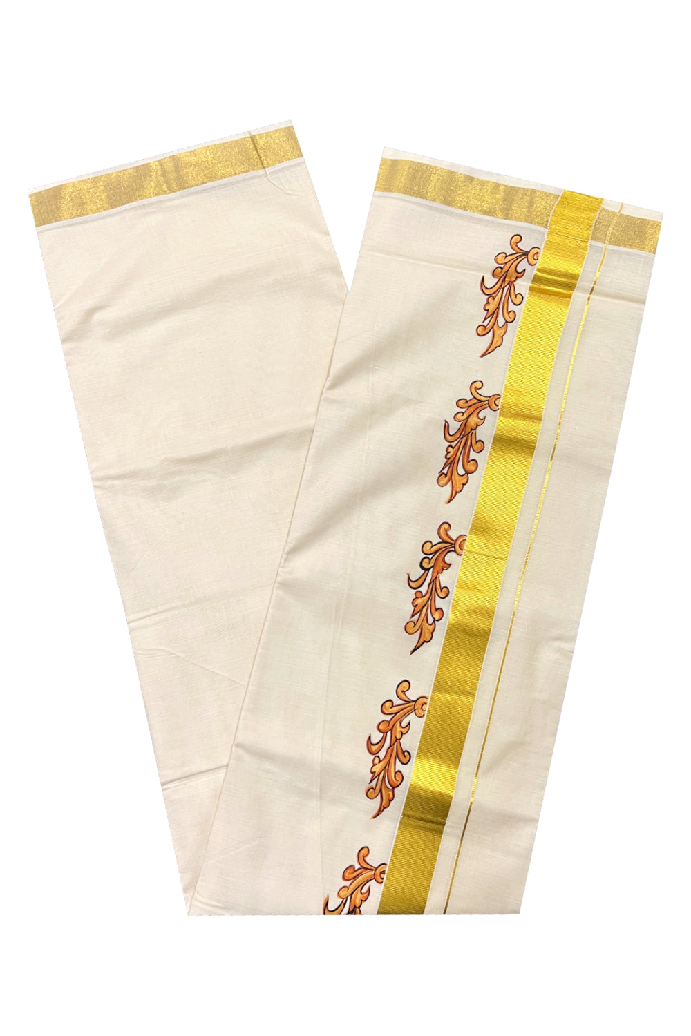 Pure Cotton Kasavu Mundu with Mural Hand Painted Design (South Indian Dhoti)