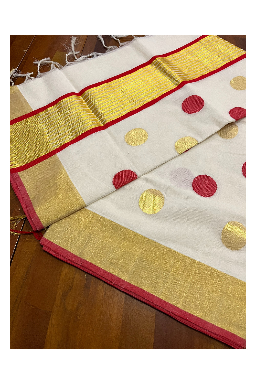 Southloom™ Premium Handloom Cotton Kerala Saree with Golden and Red Polka works on Body