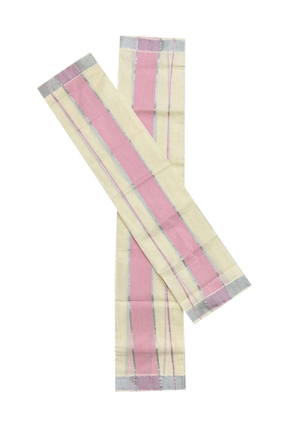 Kerala Cotton Set Mundu (Mundum Neriyathum) with Pink and Narrow Silver Kasavu Border