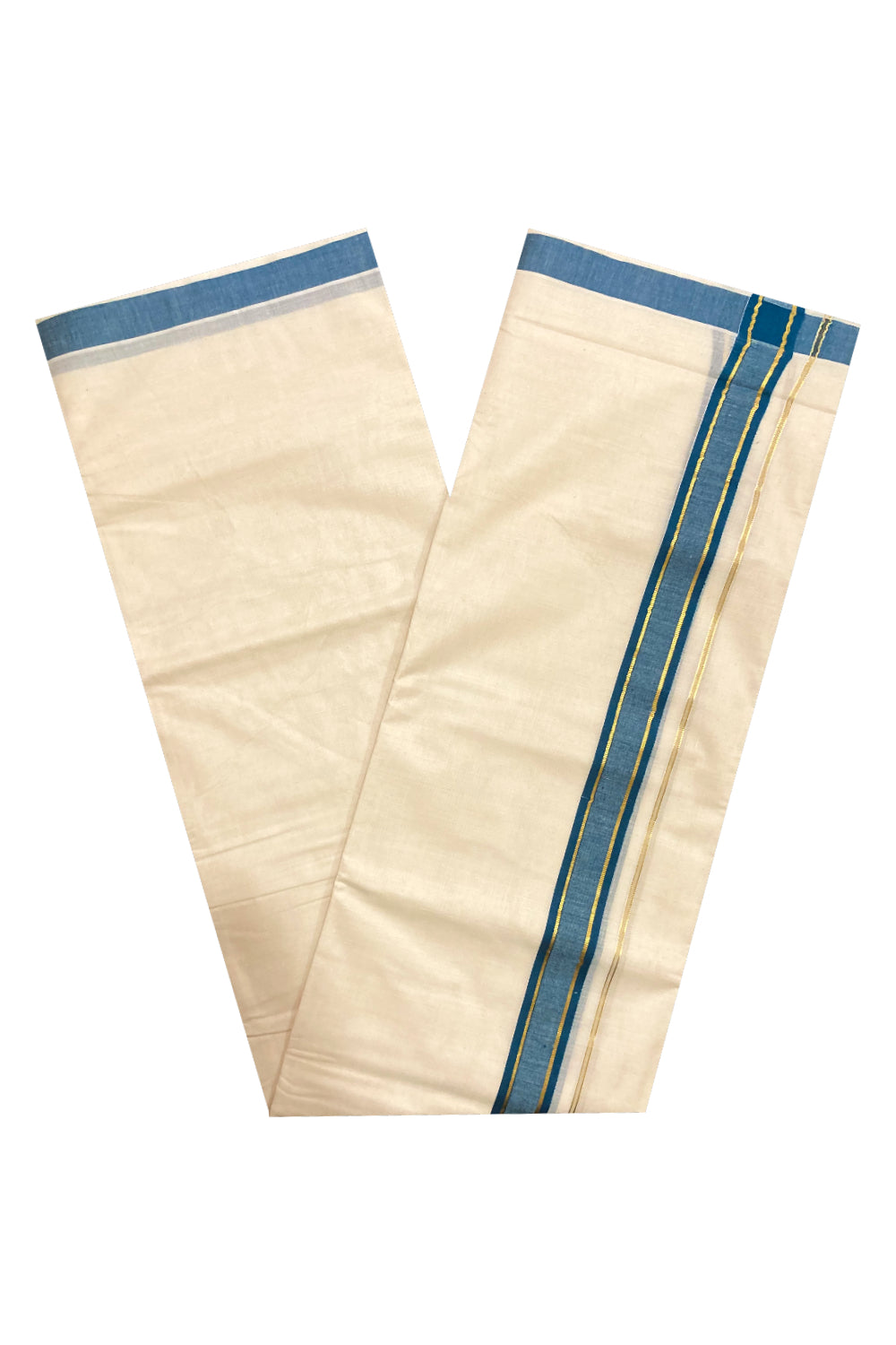 Off White Pure Cotton Double Mundu with Kasavu and Blue Border (South Indian Dhoti)