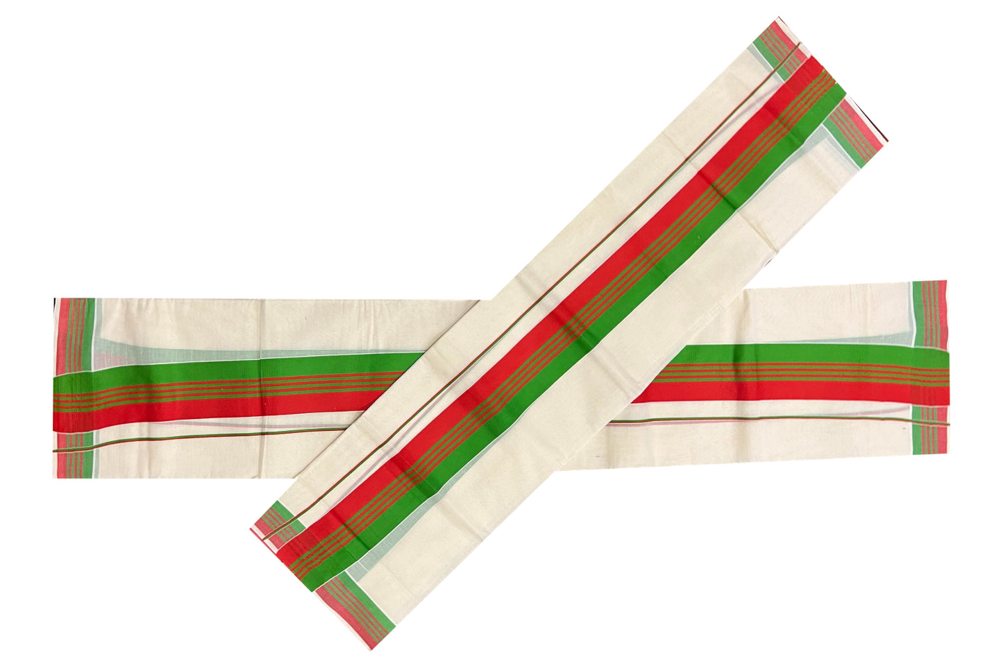 Mundum Neriyathum Double (Set Mundu) with Green and Red Border