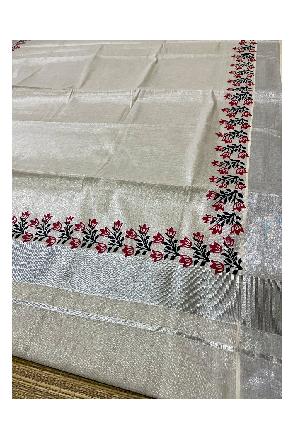 Kerala Silver Tissue Kasavu Saree with Red and Black Block Prints