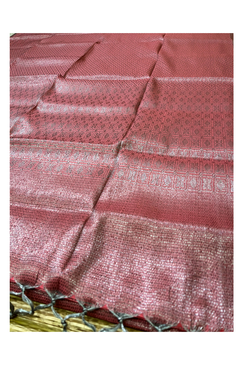 Southloom Semi Tussar Peach Colour Saree with Grey Border and Tassels works on Pallu