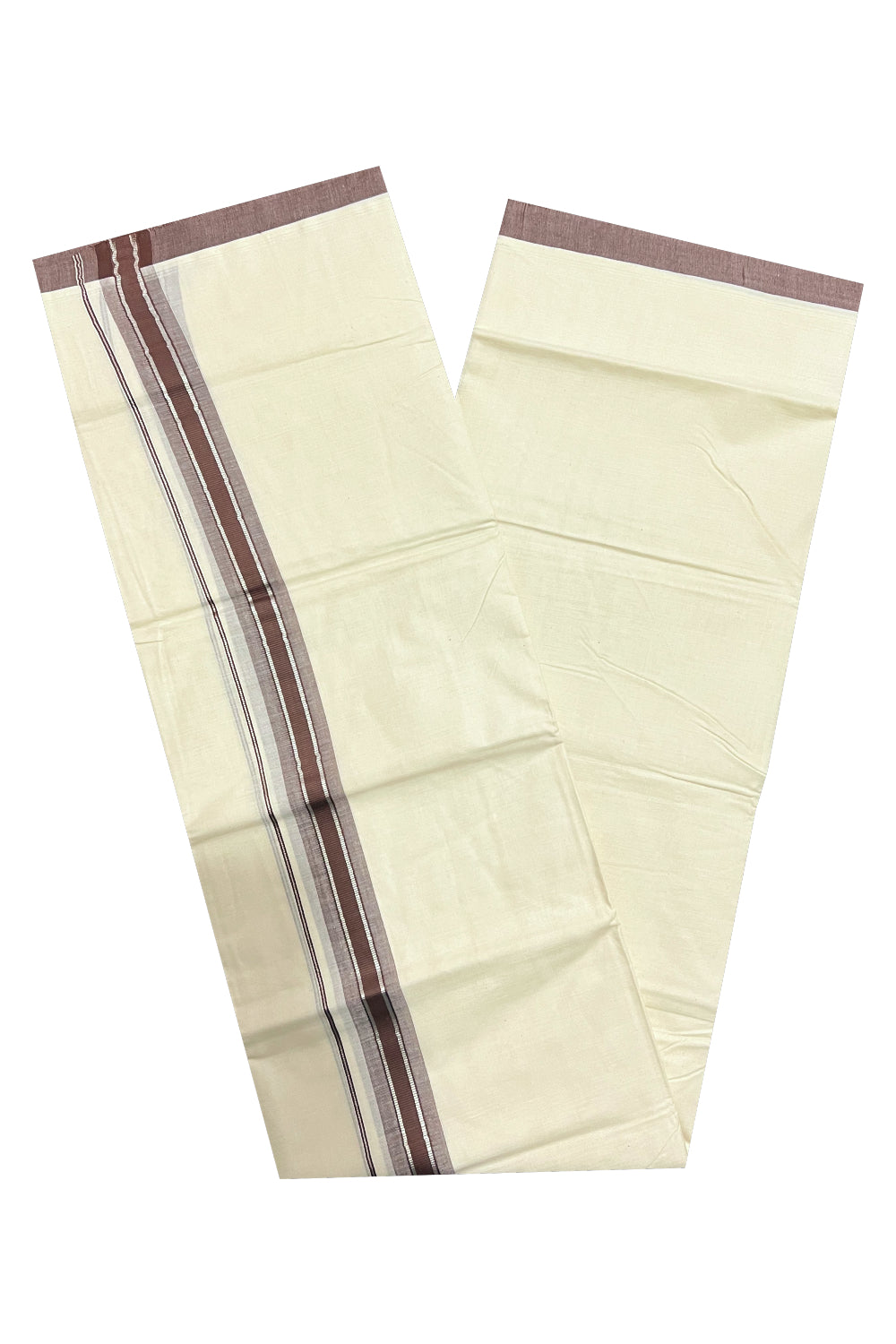 Off White Kerala Double Mundu with Silver Kasavu and Brown Border (South Indian Dhoti)