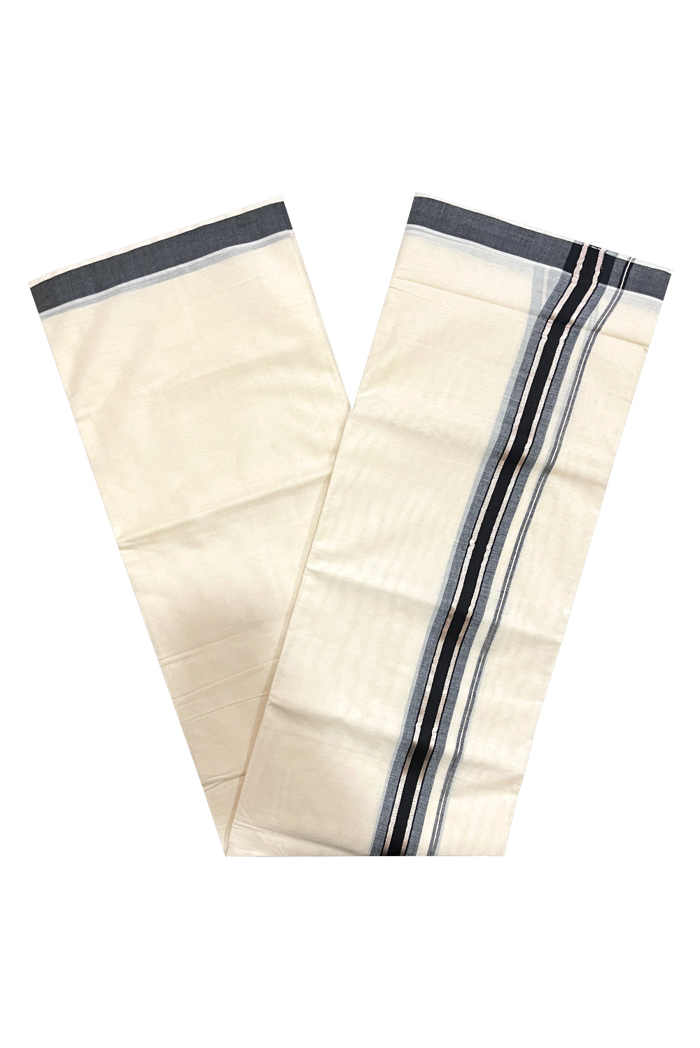 Pure Cotton Double Mundu with Black and Silver Kasavu Kara (South Indian Kerala Dhoti)