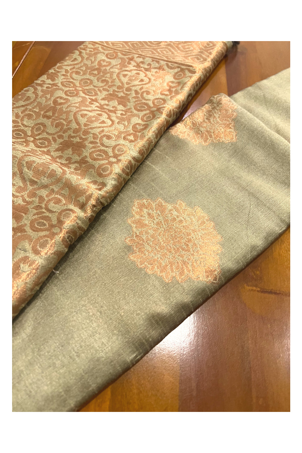 Southloom Beige Semi Silk Designer Saree with Copper Kasavu Woven Works on Body