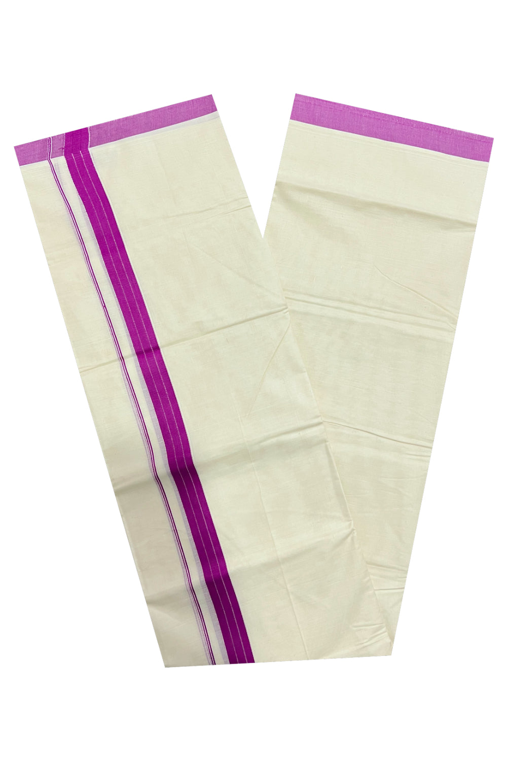 Pure Cotton Off White Double Mundu with Magenta Border (South Indian Kerala Dhoti)