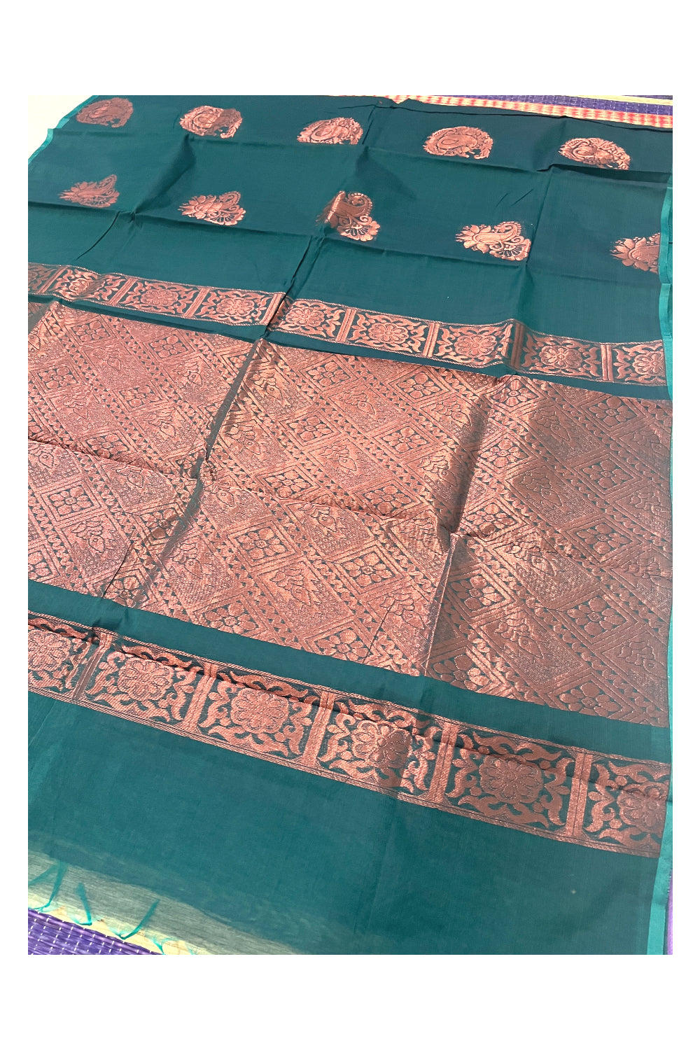 Southloom Dark Green Cotton Silk Saree with Copper Kasavu Woven Works on Body