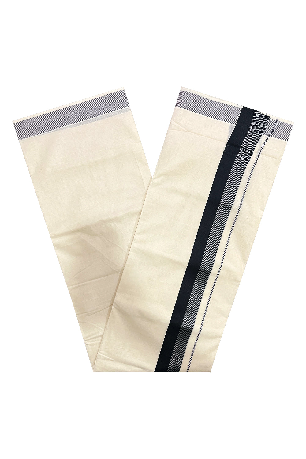 Pure Cotton Off White Double Mundu with Black and Silver Line Kara (South Indian Dhoti)