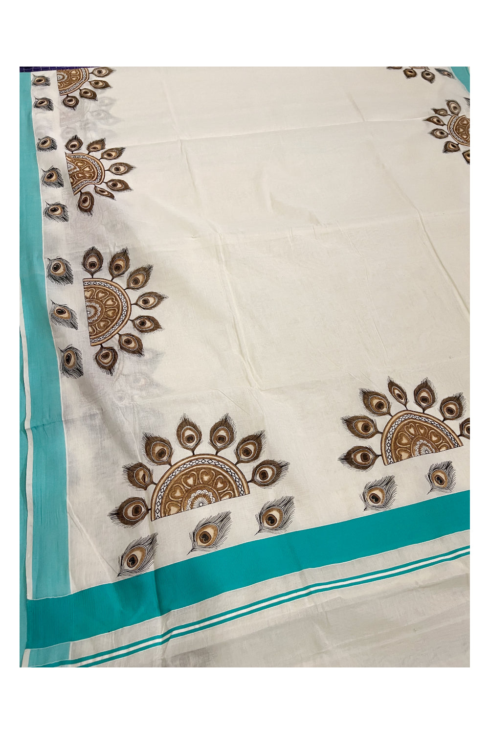 Kerala Pure Cotton Saree with Mural Printed Semi Circle Feather Design and Turquoise Border