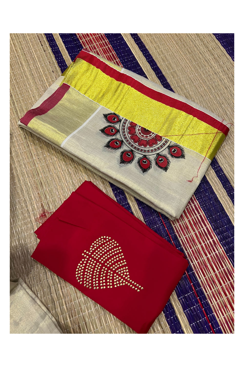 Kerala Tissue Semi Stitched Dhavani Set with Red Blouse Piece and Neriyathu with Mural Works