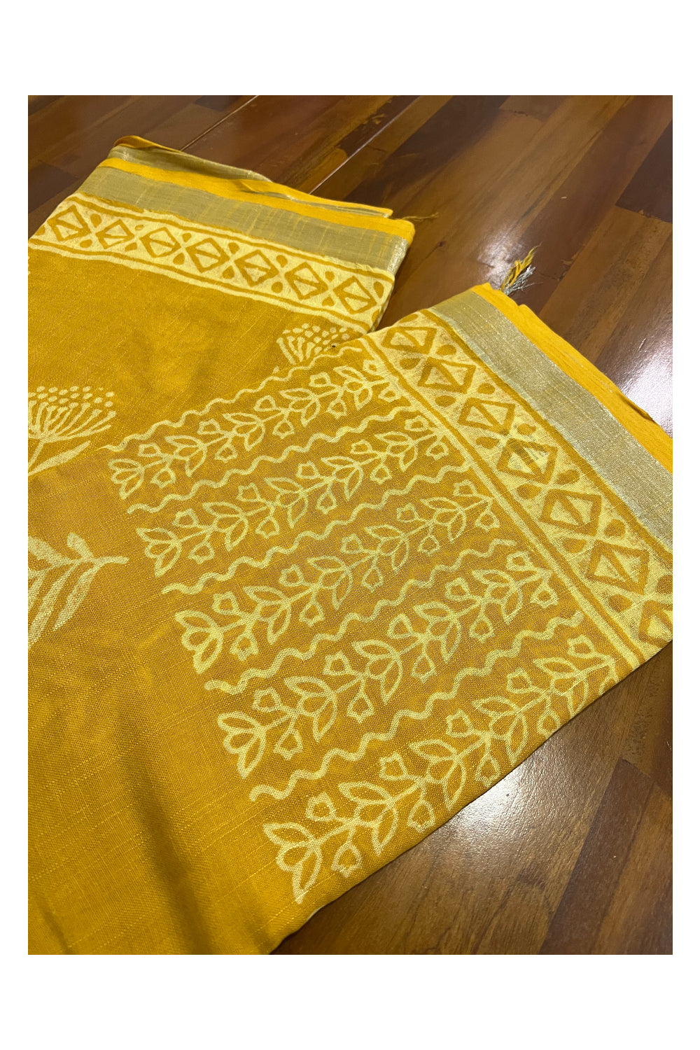 Southloom Linen Yellow Designer Saree with White Prints and Tassels on Pallu