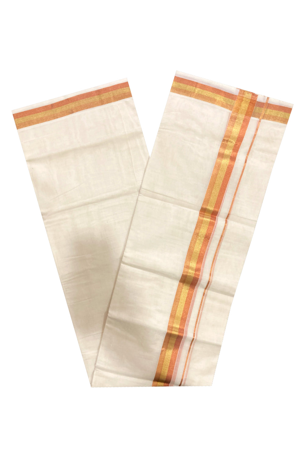 Southloom Balaramapuram Handloom Pure Cotton Mundu with Golden and Orange Kasavu Border (South Indian Dhoti)