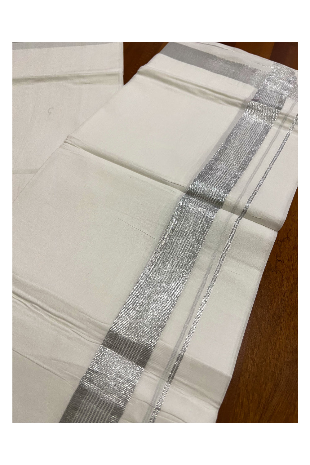 Pure White Cotton Double Mundu with Silver Kasavu Line Border (South Indian Dhoti)