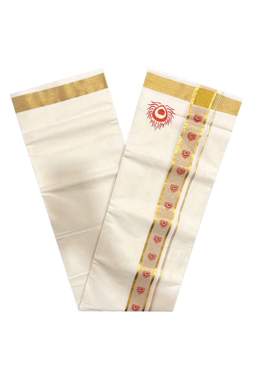 Pure Cotton Off White Double Mundu with Orange Block Prints on Kasavu Kara (South Indian Dhoti)