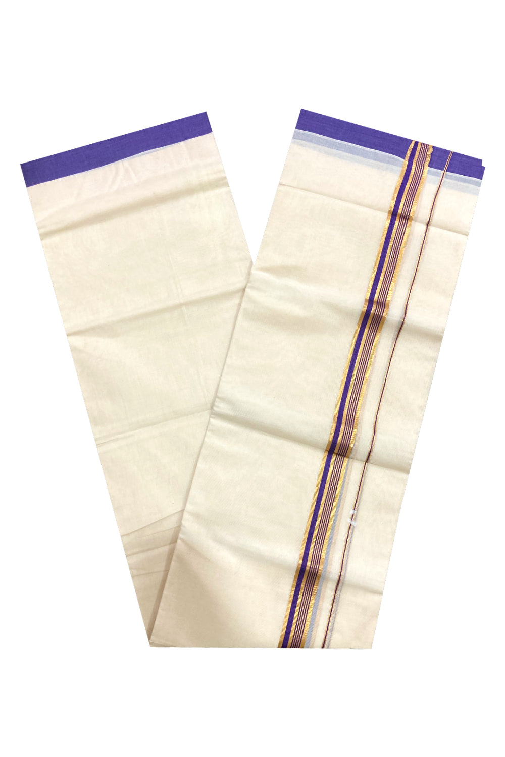 Pure Cotton Off White Double Mundu with Violet and Kasavu Border (South Indian Dhoti)