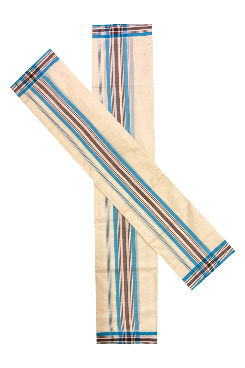 Kerala Cotton Mundum Neriyathum Single (Set Mundu) with Blue and Brown Mulloth Border (Extra Soft Cotton) 2.80 Mtrs